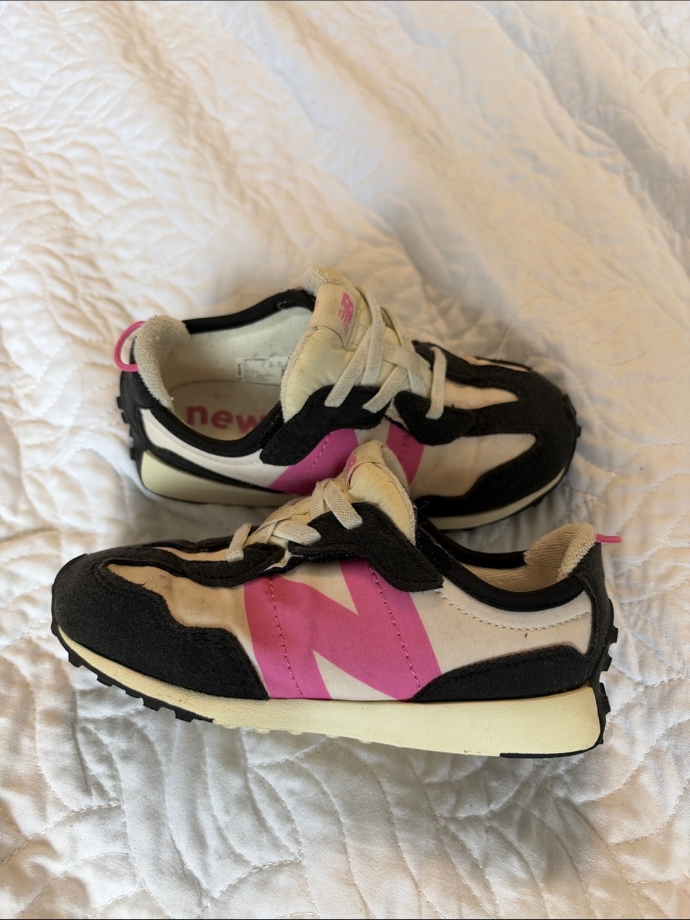 New Balance Kids Cream, Black and Pink Sneakers